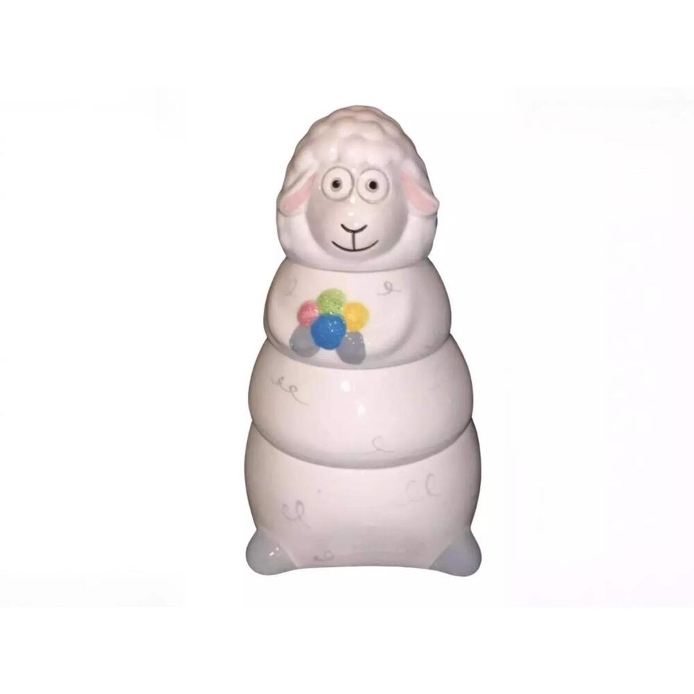 Ceramic Sheep Cookie Jar with Yarn Balls Farmhouse Cottage Kitchen Decor
